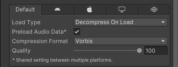 Screenshot of the default platform-specific settings section. Tabs for different platforms, such as iOS, Android, and WebGL, are visible along the top.
