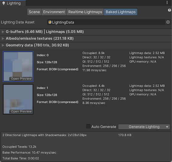 In this example, one GameObject is assigned a different Baked tag, and Unity creates a separate lightmap for it.