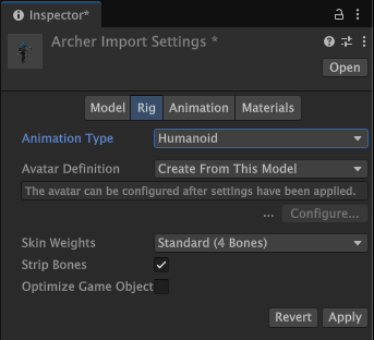 The Import Settings window for the Archer model.