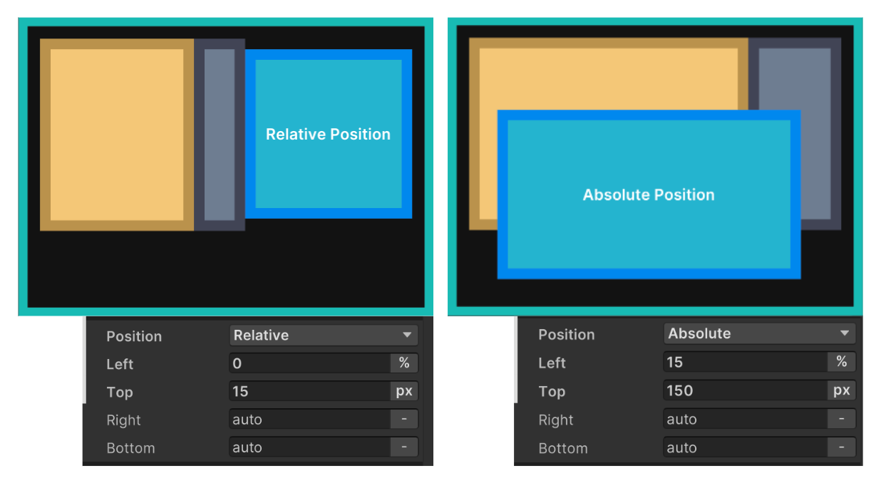 On the left, the blue visual element has a Relative position, with the parent element using Direction: Row as the Flex setting. On the right, the blue visual element uses Absolute position and ignores the parent element’s Flexbox rules.
