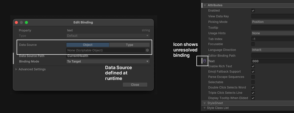 Unresolved data binding shows a hollow icon.