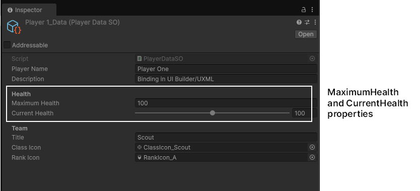The data source contains health data from the PlayerDataSO ScriptableObject.