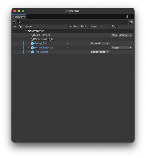 New Hierarchy window setting enabled. The Hierarchy window has columns with additional information about the objects in the scene.