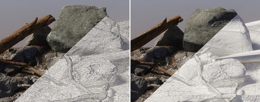 Left: at LOD0, meshes have a large number of small triangles. Right: at LOD1, the meshes have far fewer triangles, which are much larger in size.