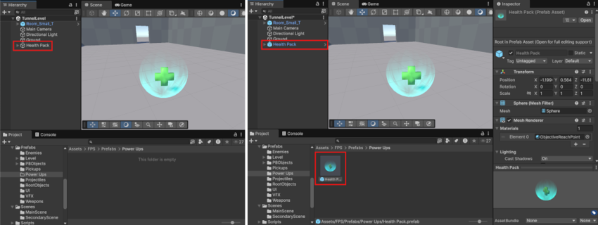 A GameObject named Health Pack in the left window. After dragging the GameObject into a child folder of the Assets folder, the Health Pack object is saved as a .prefab file, and the original GameObject becomes an instance of the prefab asset. The Inspector displays details of the Health Pack prefab asset.