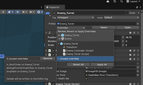 Unused overrides panel, displaying unused overrides on the selected prefab.