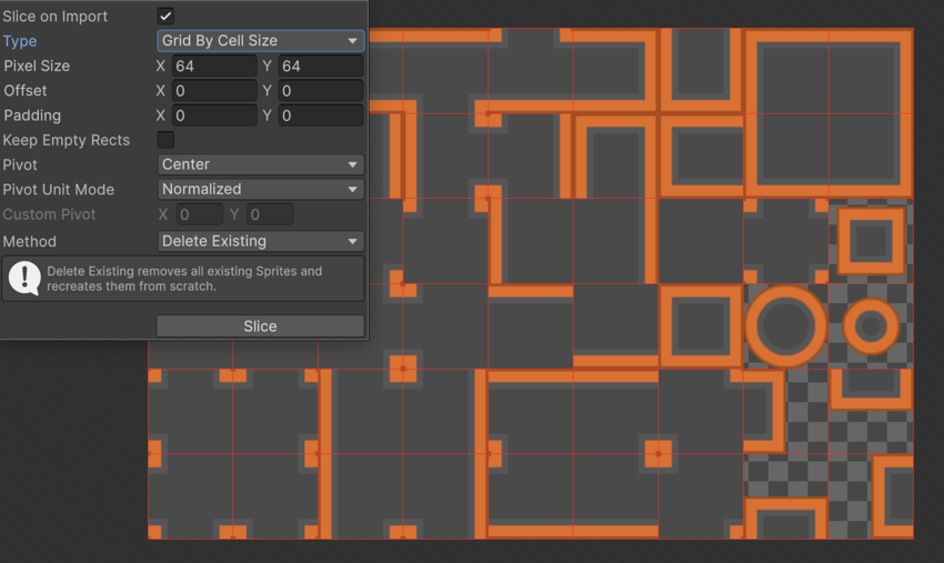 A sprite in the sprite editor with the Slice Type set to Grid By Cell Size. The SpriteRects preview is displayed as a grid of red rectangular outlines over the sprite.