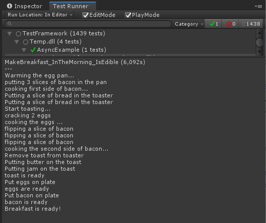 The Test Runner window and console displaying the output of the previous async test code example.