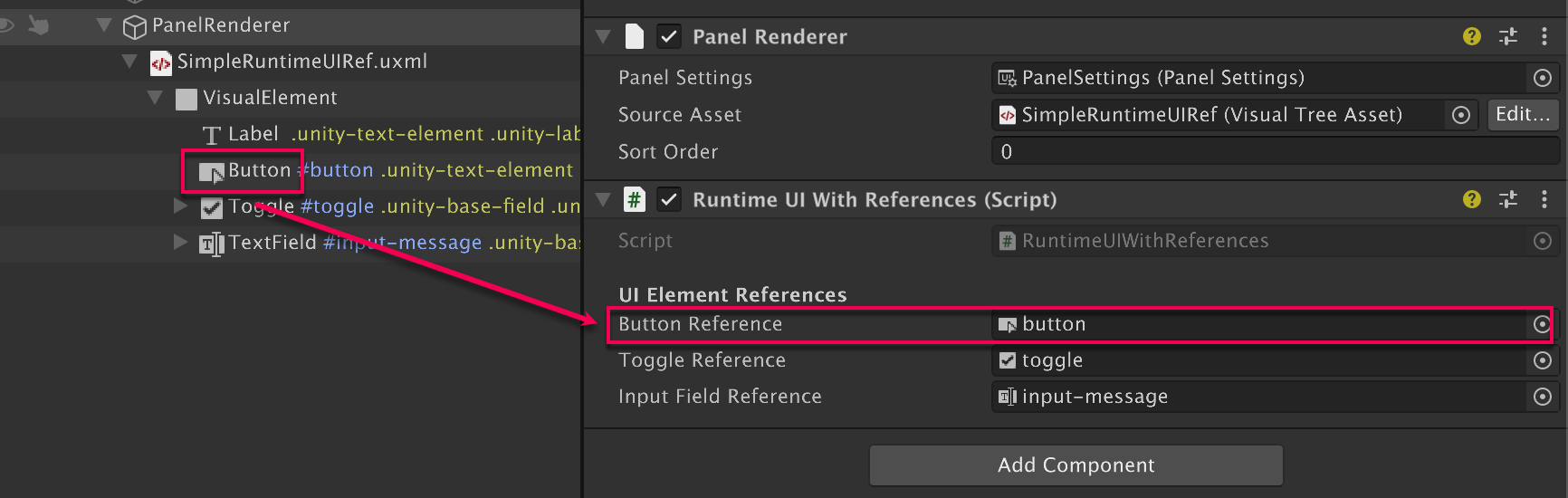 Drag visual elements to the reference fields in the Inspector.