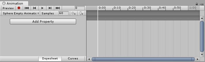 The Animation view displays no properties when the selected GameObject has no animation.
