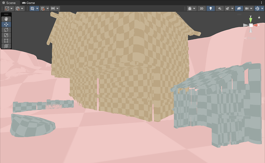 A wooden village scene in Systems mode. Each GameObject displays a similar checkerboard pattern to Indirect mode, using a different color for each group of GameObjects.
