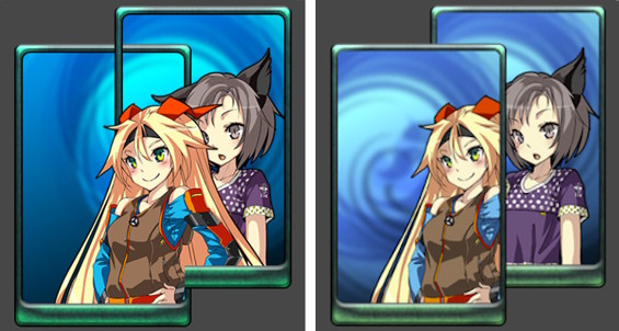 Left: Two sprite masks affect two card sprites, so the sprites overlap incorrectly. Right: Each sprite and its mask use their own sorting group, and the sprites overlap correctly.