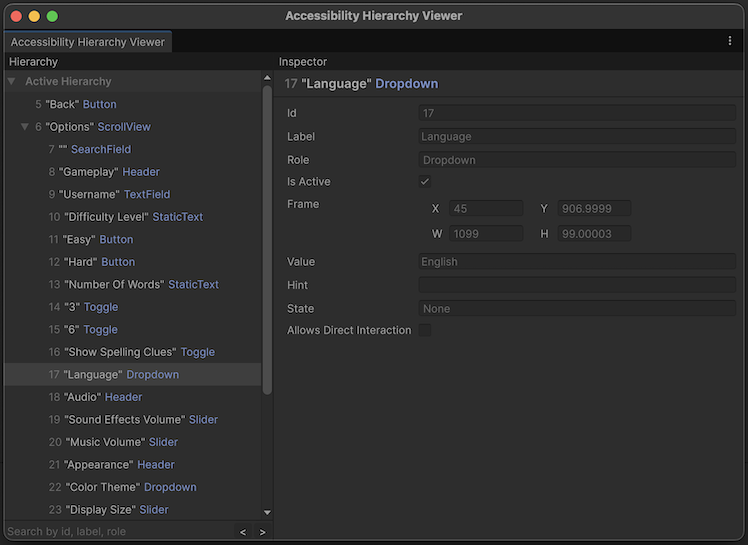 The Accessibility Hierarchy Viewer displaying the accessibility nodes of an applications settings screen