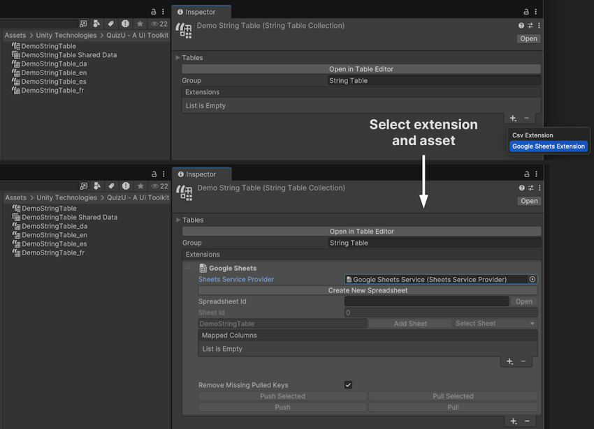 Add the Google Sheets Service to the StringTables extensions.