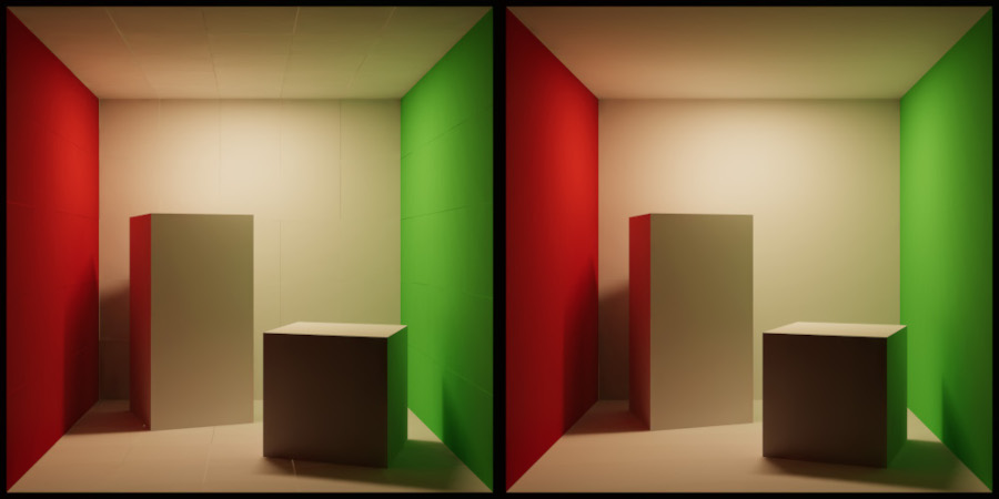 Cornell Box scene assembled using modular meshes with visible seams after lightmap baking - left. Meshes combined in a digital content creation (DCC) tool before exporting, with no lightmap seams visible - right.