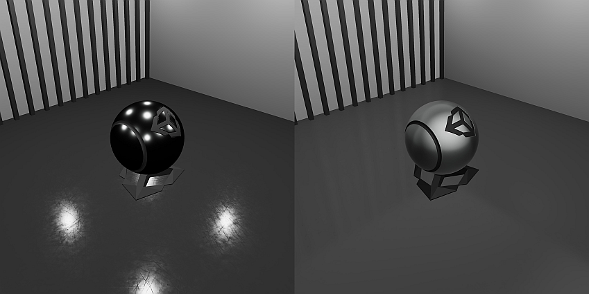 Two images of a rendered room with a sphere in the middle. The first image shows the sphere has several baked point lights that reflect on its surface. The second image shows the same scene after the lightmap is baked and the specular highlights in the first image are missing.