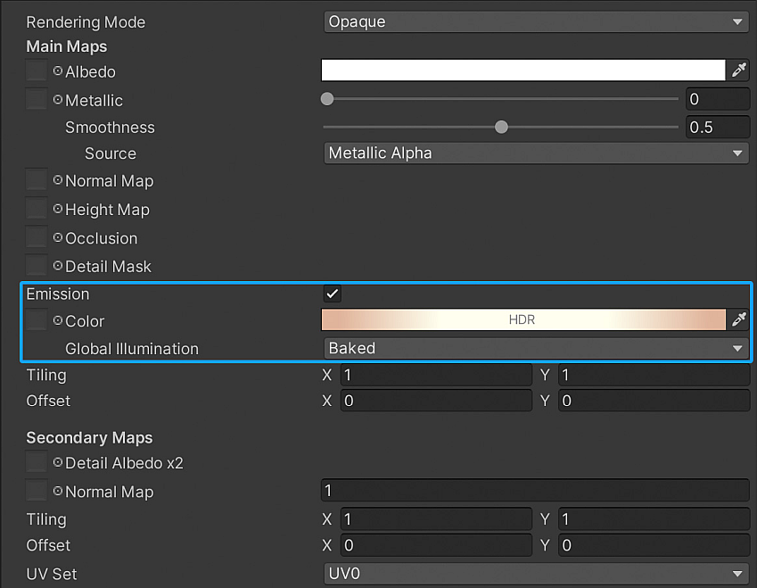 Standard Shader Material Inspector window in the Built-in render pipeline. The Emission properties are highlighted by a blue box.