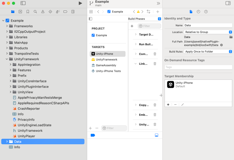 Data folder with the Target Membership set to Unity-iPhone