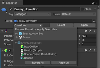 The Inspector window of a prefab instance, with the Override menu selected.