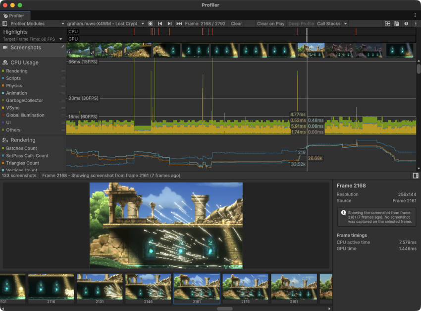 The Profiler window with a frame in the Screenshots Profiler module selected.