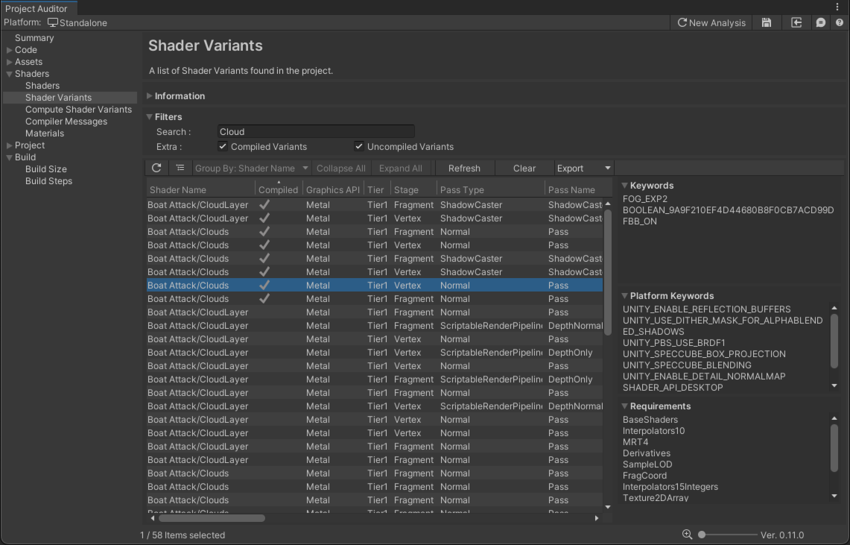 Project Auditor window with the Shader Variants view open