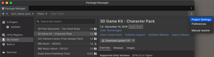 Project Settings opens the Package Manager project settings window