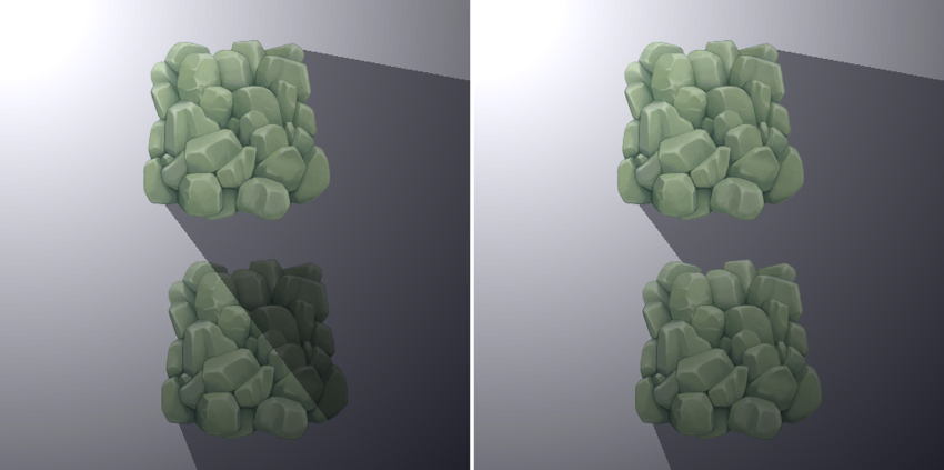 Left: Two rocks cast shadows without a Composite Shadow Caster 2D component. The upper object casts its shadow onto the lower object. Right: The same rocks with a parent Composite Shadow Caster 2D component. The merged shadow is cast behind both objects.