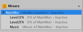 The Mixers panel in the Audio Mixers window, including the plus sign button for creating a new Audio Mixer.