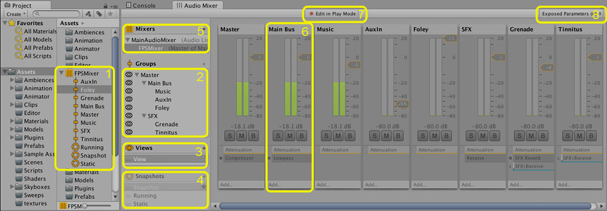 The Audio Mixer view, including the Audio Mixer asset (1), Hierarchy view (2), Mixer views (3), Snapshots panel (4), output Audio Mixer (5), Audio group strip view (6), Edit in Play Mode toggle (7), and Exposed Parameters (8).