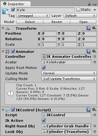 The IKControl (Script) component with its properties assigned.