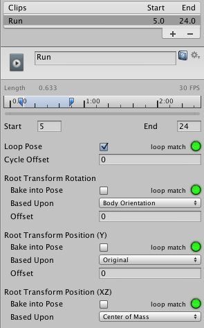 The Animation tab displays the selected Run animation clip with the Loop Pose property enabled. The start and end of the loop match as indicated by Loop Match being green.