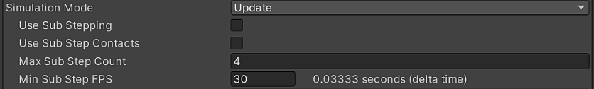 The Simulation Mode properties, with the Update mode selected.