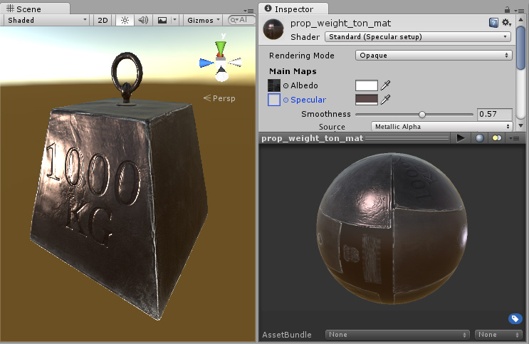 A 1000kg weight with a strong specular reflection from a directional light. The whole object has a single Specular and Smoothness value, and a flat appearance.
