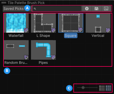 The Tile Palette Brush Pick overlay layout with the toolbar at the top (A), the thumbnails of your saved brush picks (B), and at the bottom the size slider and the list and grid view buttons.