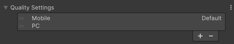A list of available quality levels in the Quality Settings section of the Build Profiles window.