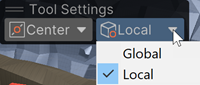The Gizmo handle position toggles, with the Rotation toggles selected.