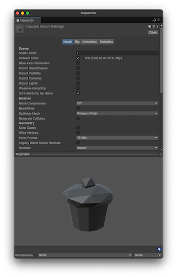A selected models Inspector window with its Import Settings displayed.