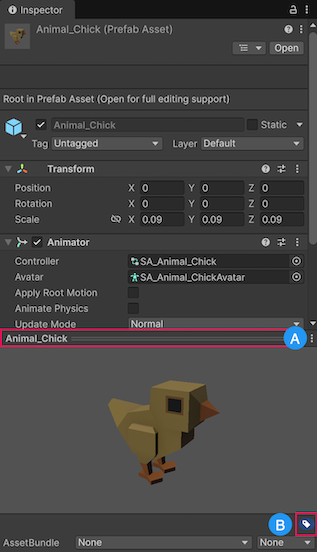 The Preview panel in the Inspector window. A: The title bar. B: The label icon