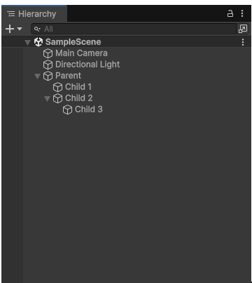 Child 1 and Child 2 are the child GameObjects of Parent. Child 3 is a child GameObject of Child 2, and a descendant GameObject of Parent.