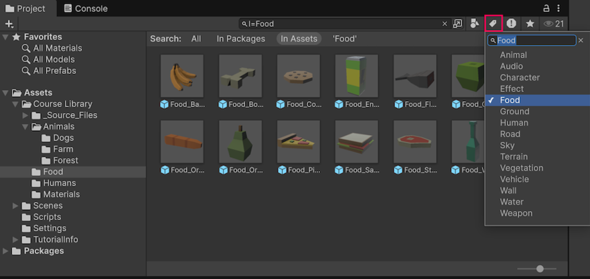 Search by label in the Project window