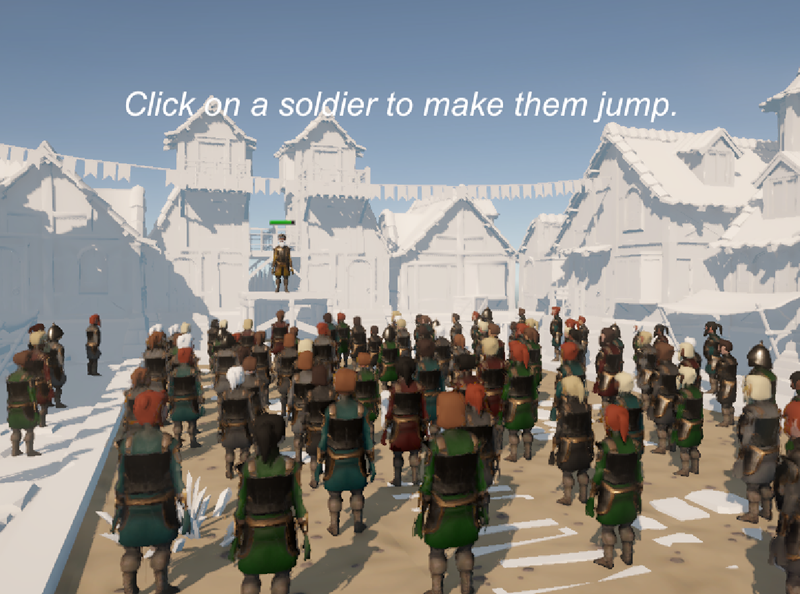 The Game view of the Agora scene rendering many soldiers, all with different appearances.