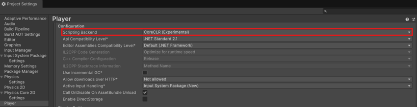 The Configuration section of the Player settings