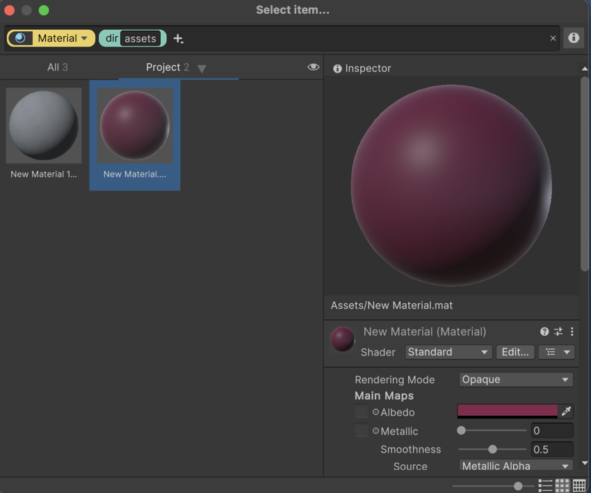 The Advanced Object Picker window, showing a visual query with two parameters, and an Inspector panel for the selected item.