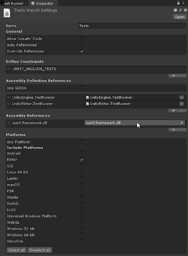 The Inspector window displays the configurable properties of a test assembly definition asset.
