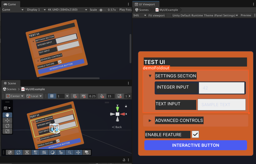 The UI Viewport, Scene view, and Game view docked side by side, each displaying the same UI.