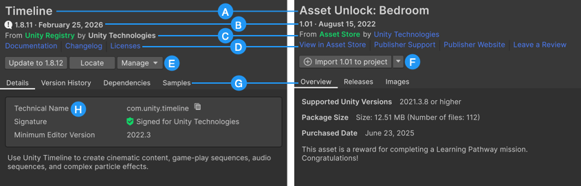 Package details for a Unity Package Manager (UPM) package (left) and an asset package (right)