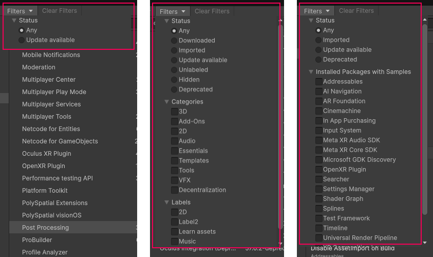 Filter controls for Unity Registry (left), My Assets (middle), and All Samples (right).