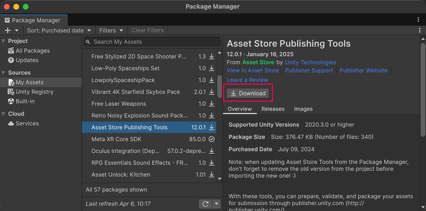 Download button in the corner of the Details panel