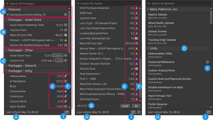 Packages and feature sets installed in your project (left), packages from My Assets (middle), and samples (right).