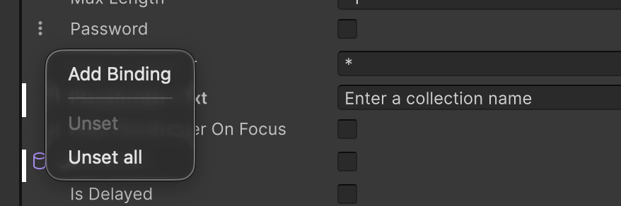 The UxmlAttributeFieldDecorator context menu showing Add Binding, Unset, and Unset all options